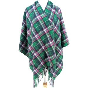 Bell by Kim Gravel Preppy Plaid Poncho‎ One Size Pink Green Fringe Cozy Heritage